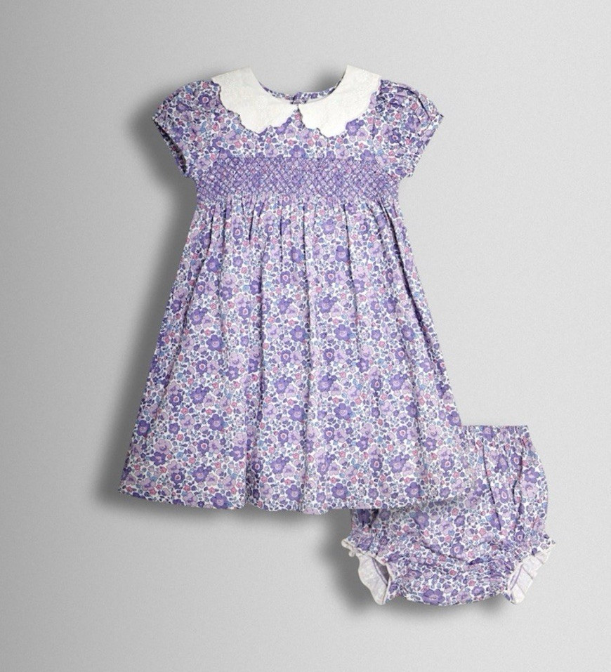 JoJo Maman Bébé 3-4Y Purple Floral Smocked Collared Dress & Bloomers Set
