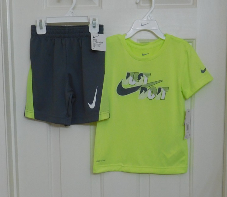 NWT 2pc Nike Hi Vis Yellow Gray Just Do It Shirt & Gray Shorts Set sz 4t