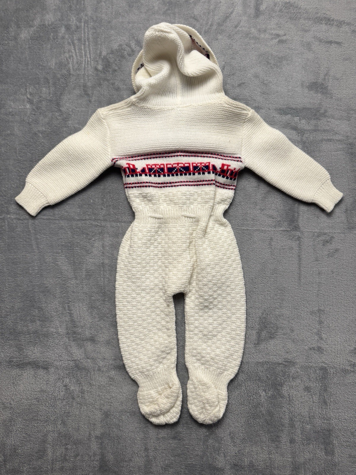 Vintage Trains Knit Sweater Baby Jumpsuit 6-9 Mo Little Set Spring Hood Acrylic