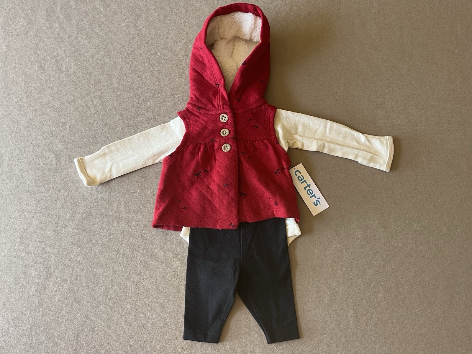 Carter’s Baby Girls Newborn 3 Pc Set-Bodysuit, Pants & Dress Vest, New With Tags