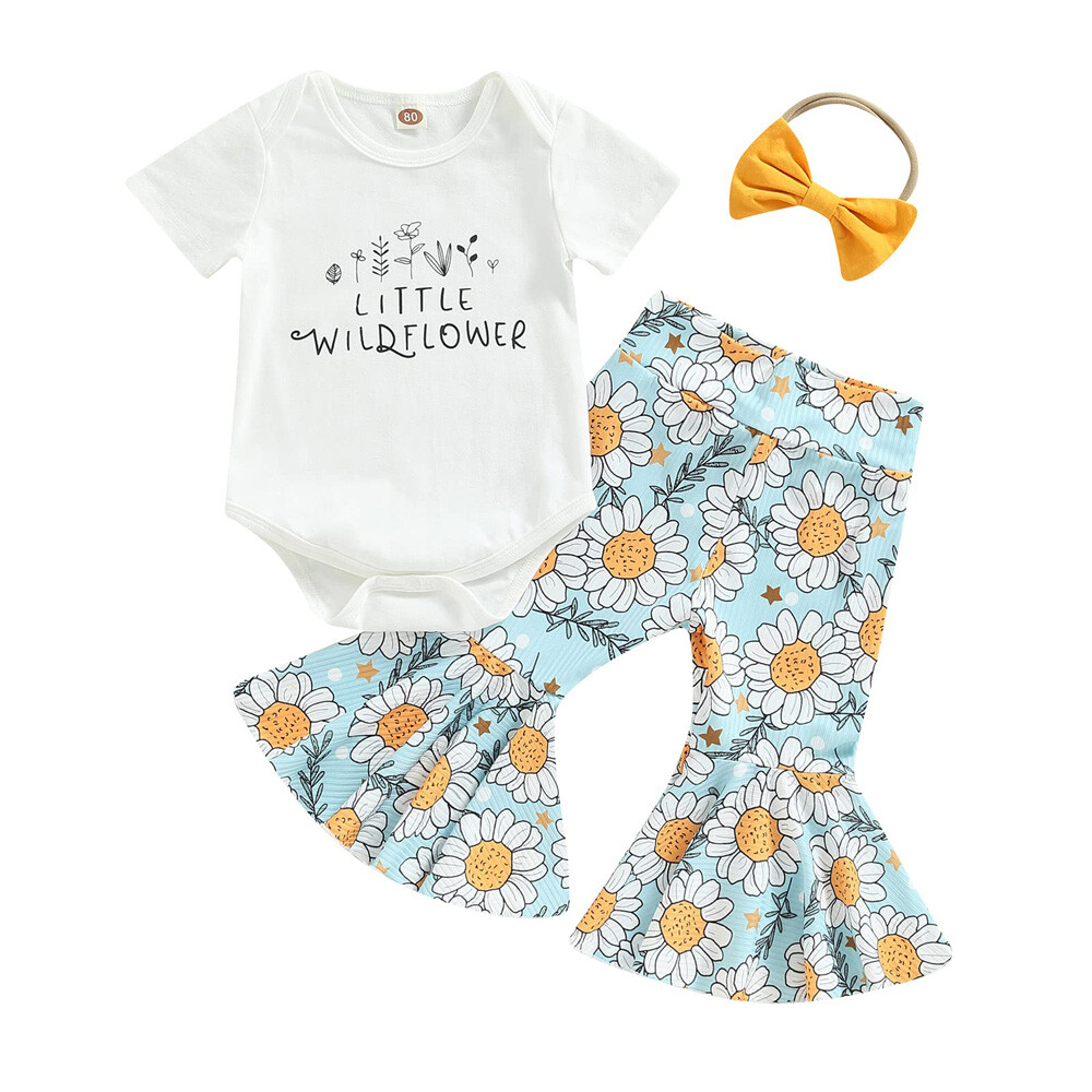 Baby 3pcs Girl Letters Tops Floral Bell-Bottoms Pants and Headband Cloth Outfits