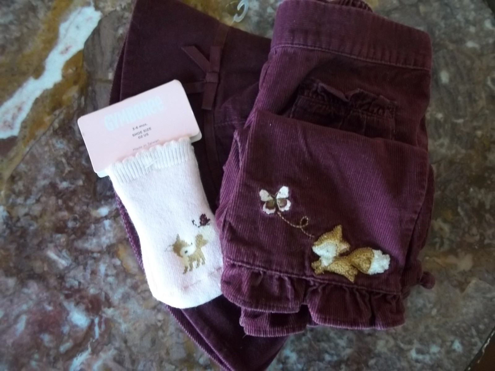 Gymboree ’08 Forest Trails fox butterfly burgundy ruffle pants hat socks 3-6