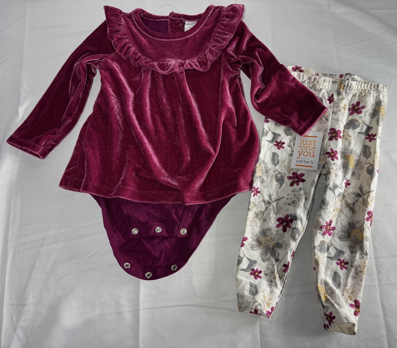 Carter’s Floral Pants Set Christmas Velvet Bodysuit Top Flower Pants Girls NEW