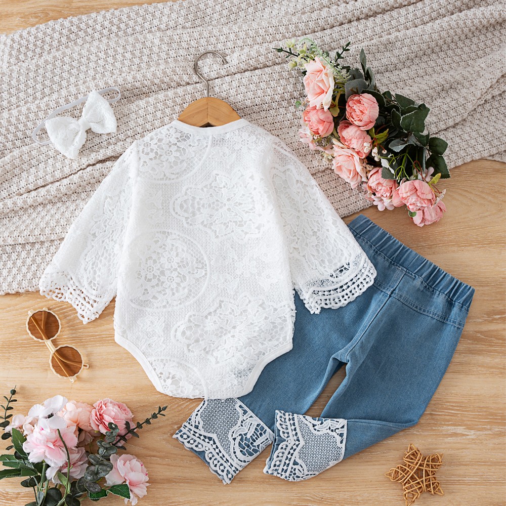 Newborn Infant Baby Girl Clothes Lace-patterned Top Denim-plaid Lace Pants Set