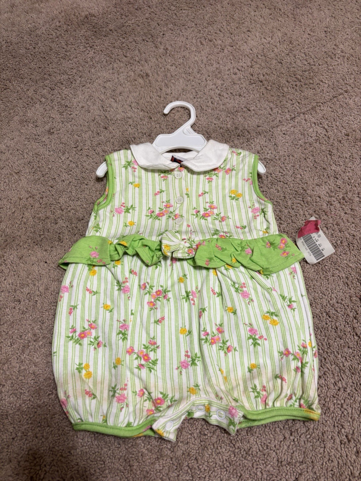 Vintage striped, floral-print romper with a white collar & green ruffle