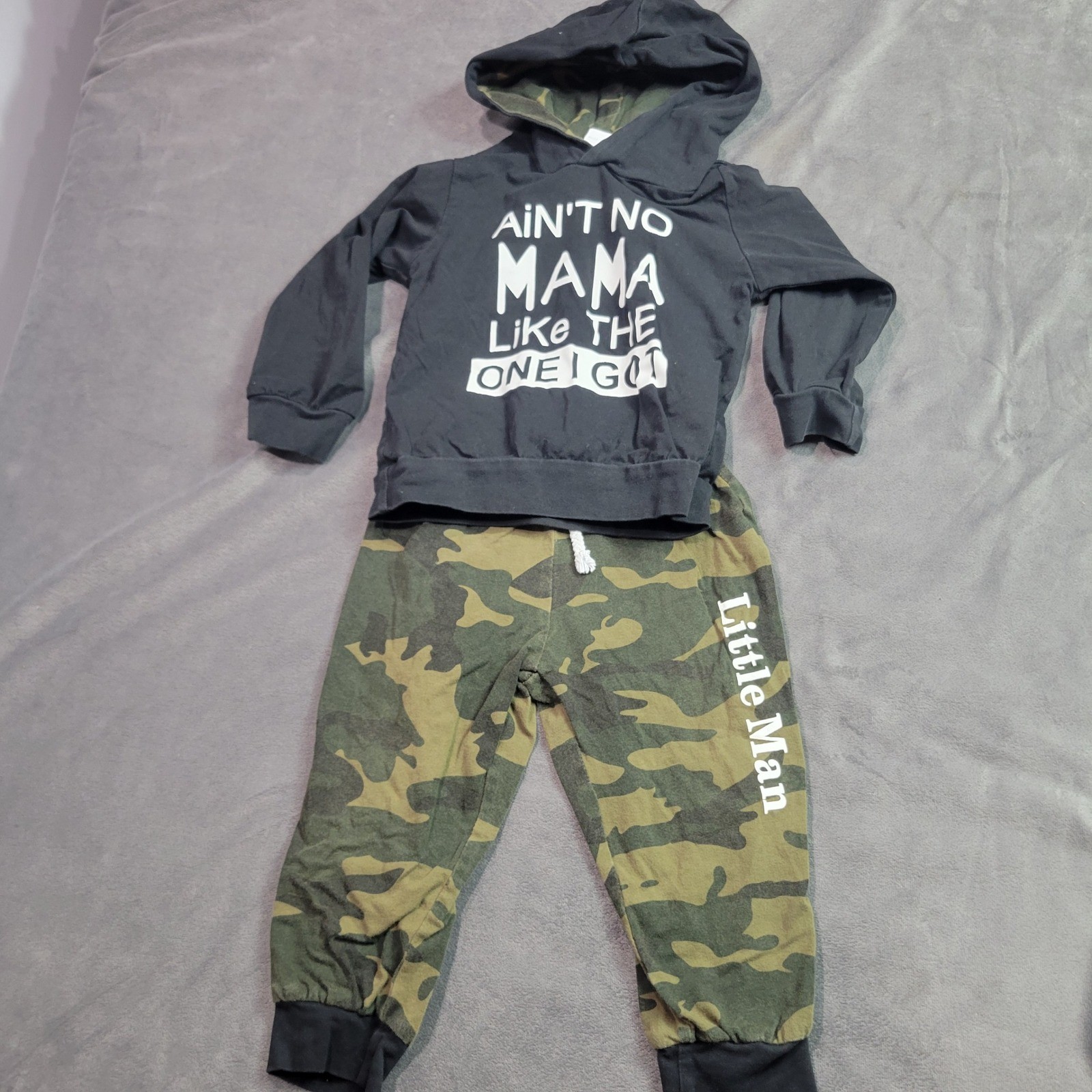 Toddler Boy Black Mama Graphic Hoodie and Camo Little Man Jogger Set 1-2Y
