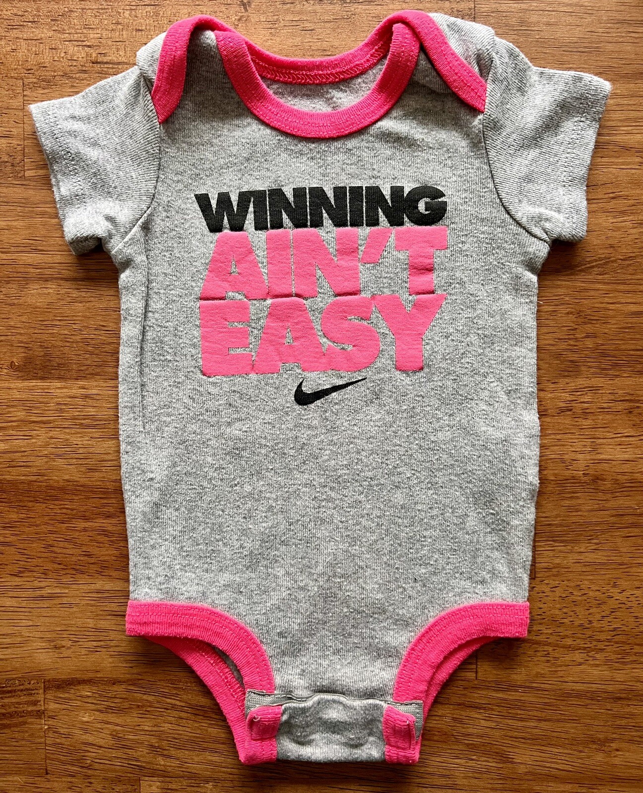 Nike Baby Newborn Girl 0-6 Months “Winning Ain’t Easy” Gray Pink 1 Piece Romper
