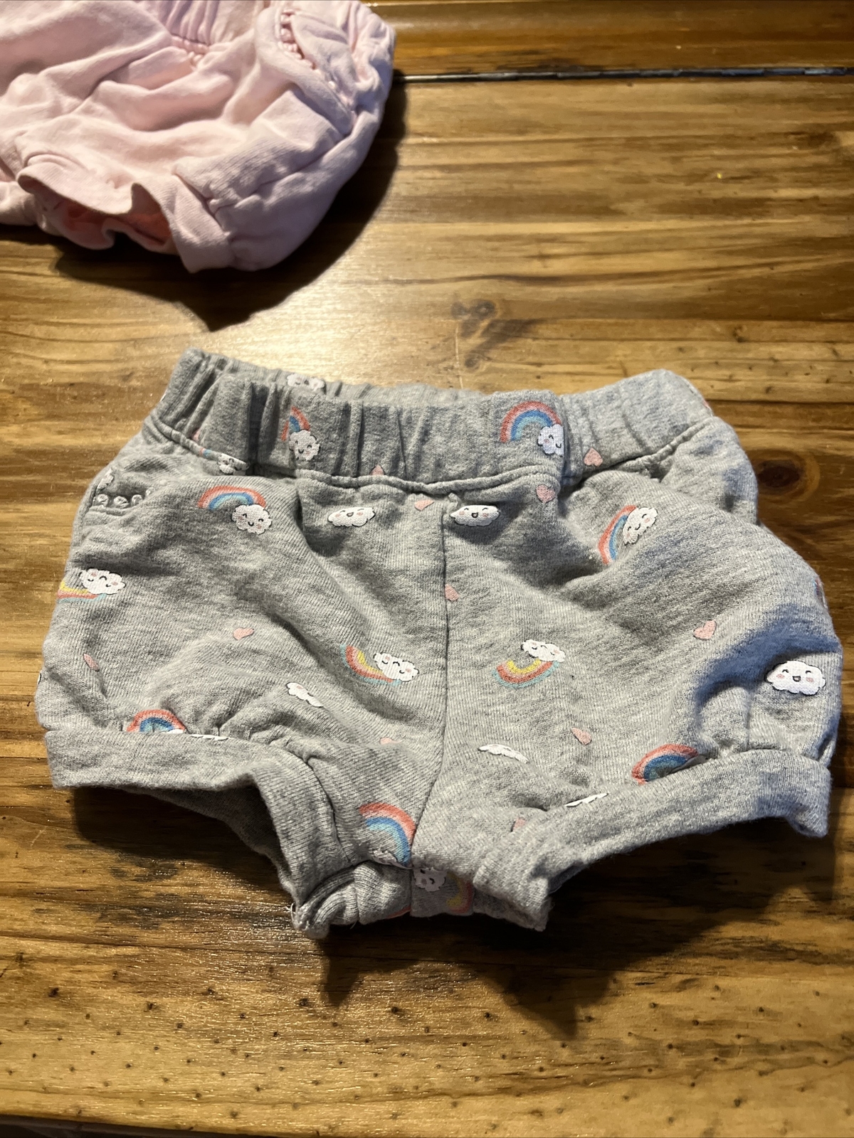 Carter’s 2 Pair Pull On W/Pockets Shorts Pink & Gray W Clouds & Rainbow Sz 12M