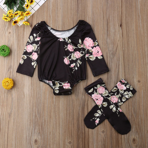 3Pcs Newborn Baby Girls Flower Printing Romper + Leg Warmers Outfits Clothes