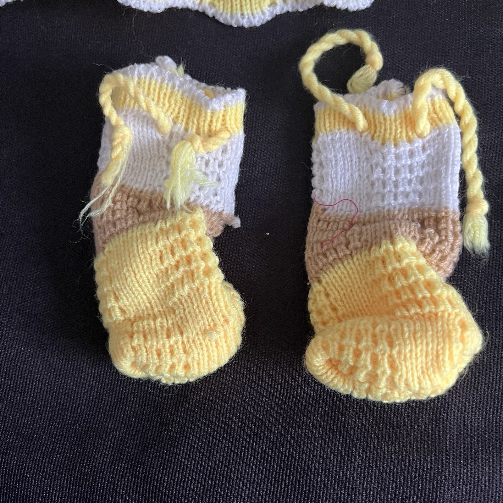 Vintage 70s Hand Knit Crochet Baby Set Dress Pants Booties Yellow Brown 6-12 Mth
