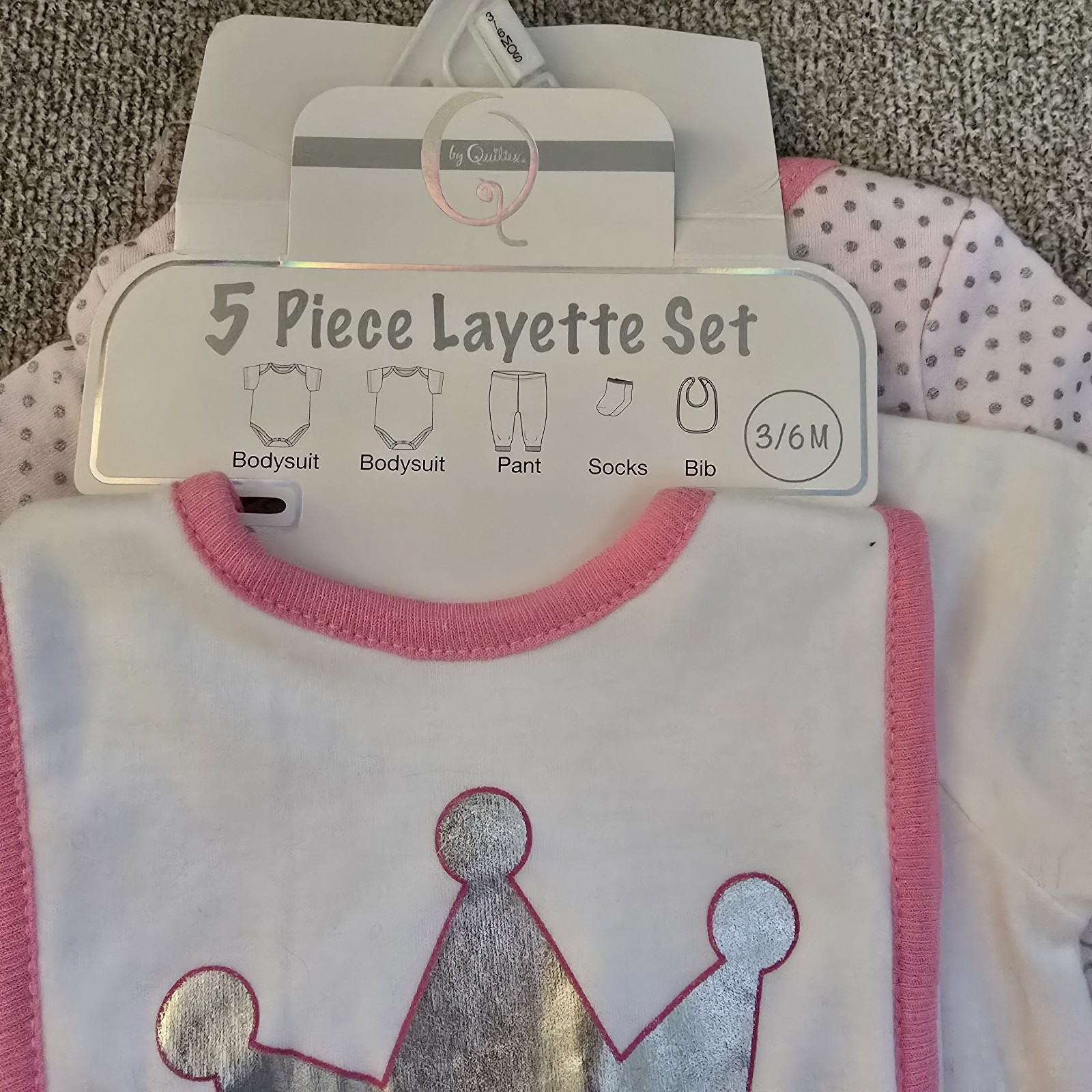 5-Piece Layette Set Quiltex Sz 6-9M Infant Girls Pink Pants Shirt 2 Onsies