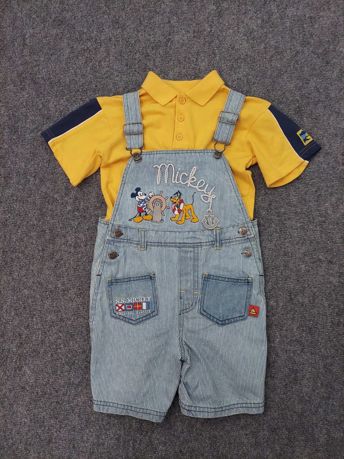 Vtg Disney Mickey Overalls Shorts 4T Boys Denim Pinstriped Shirt Set Sailing