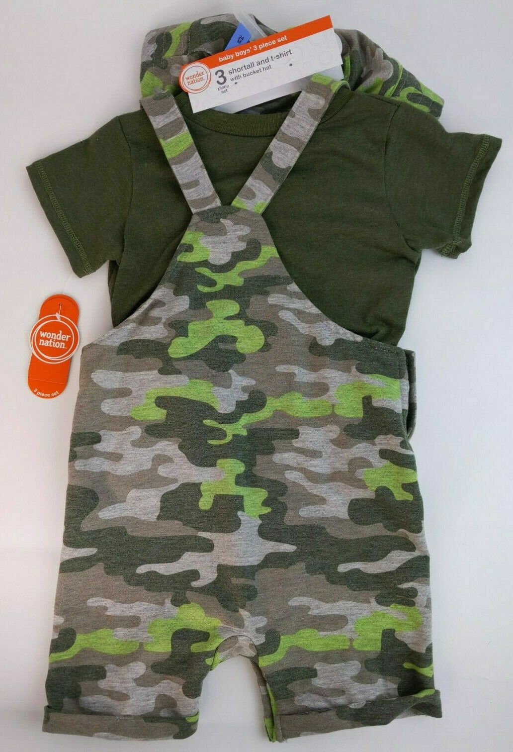 Wonder Nation Infant Baby Boys 3pc Set Shortall Shorts T-shirt Bucket Hat Camo