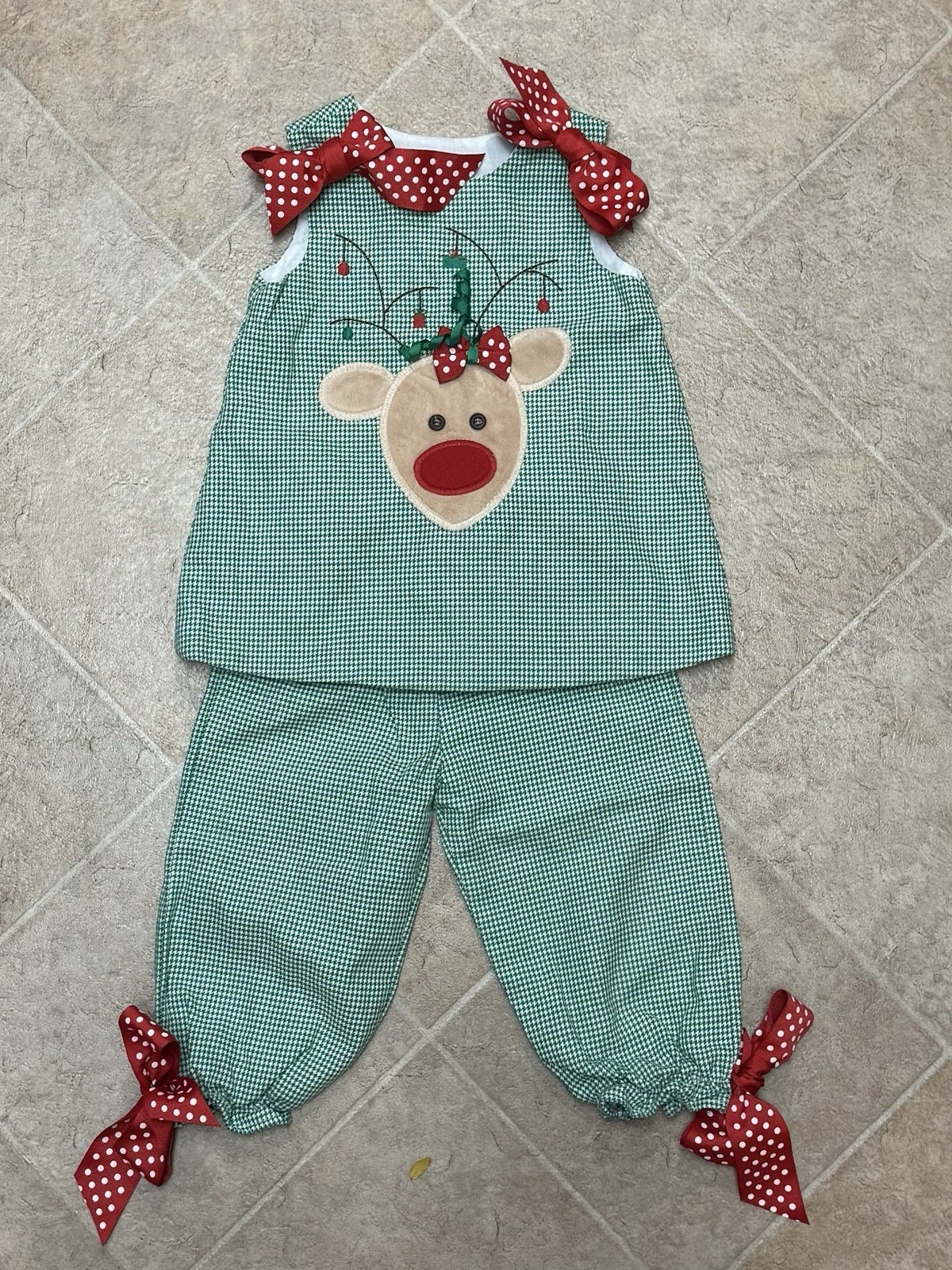 VTG Bailey Boys 12 Mo Girl 2 Piece Set Green Houndstooth Reindeer Bows Holiday