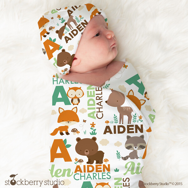 Woodland Animals Swaddle Boy Name Blanket Personalized Fox Bear Owl Raccoon Deer