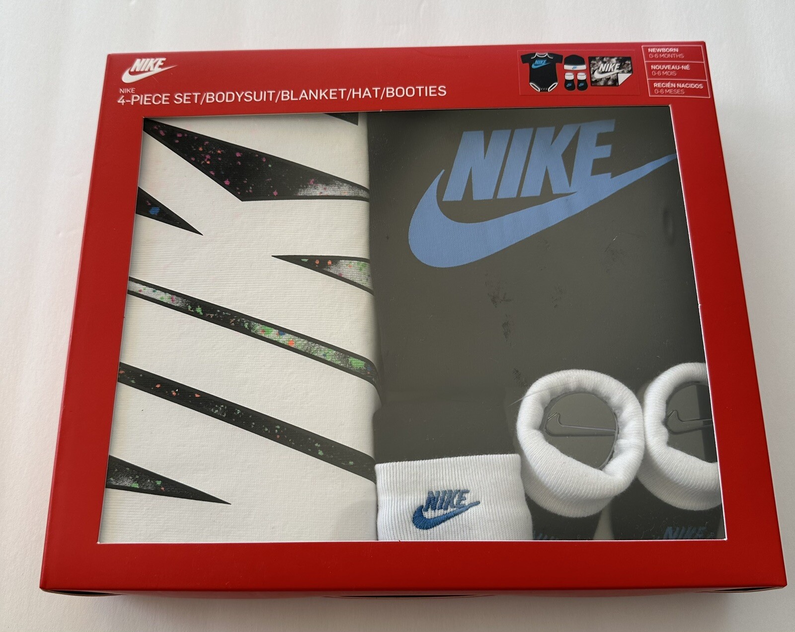 NEW Nike Baby 4 Piece Set W Bodysuit, Hat, Booties & Blanket Unisex Newborn 0-6M