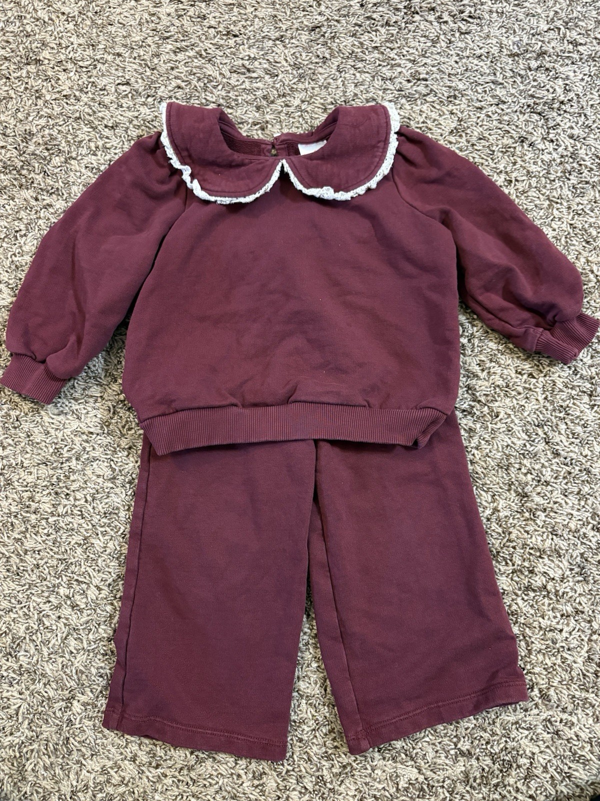 Hanna Andersson 3T Burgundy Sweatsuit 100% Cotton Peter Pan Collar Lace Trim