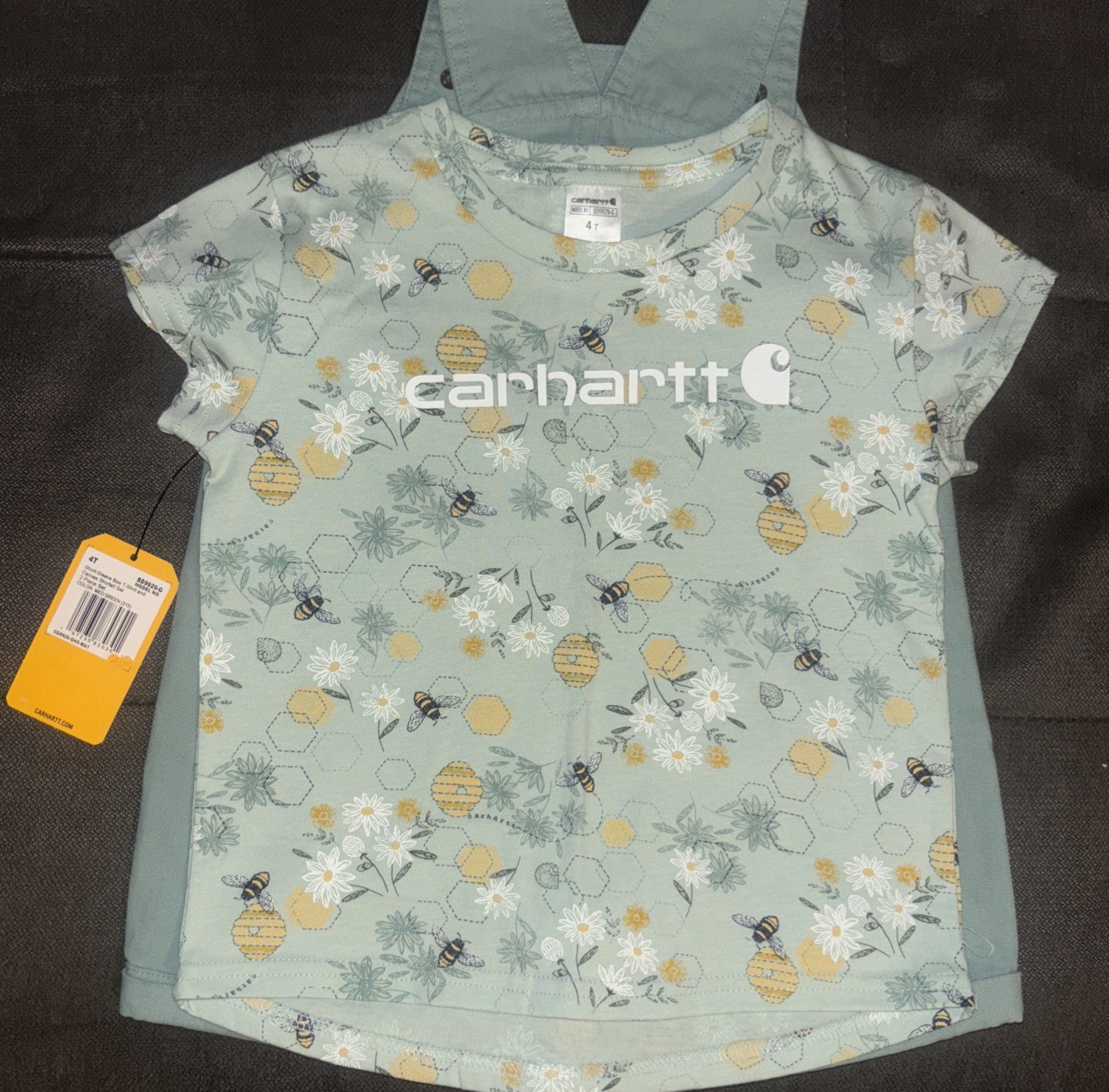 Carhartt🐝Girl’s Short-Sleeve Bee T-Shirt Canvas Shortalls Set Jade Green Sz 4T