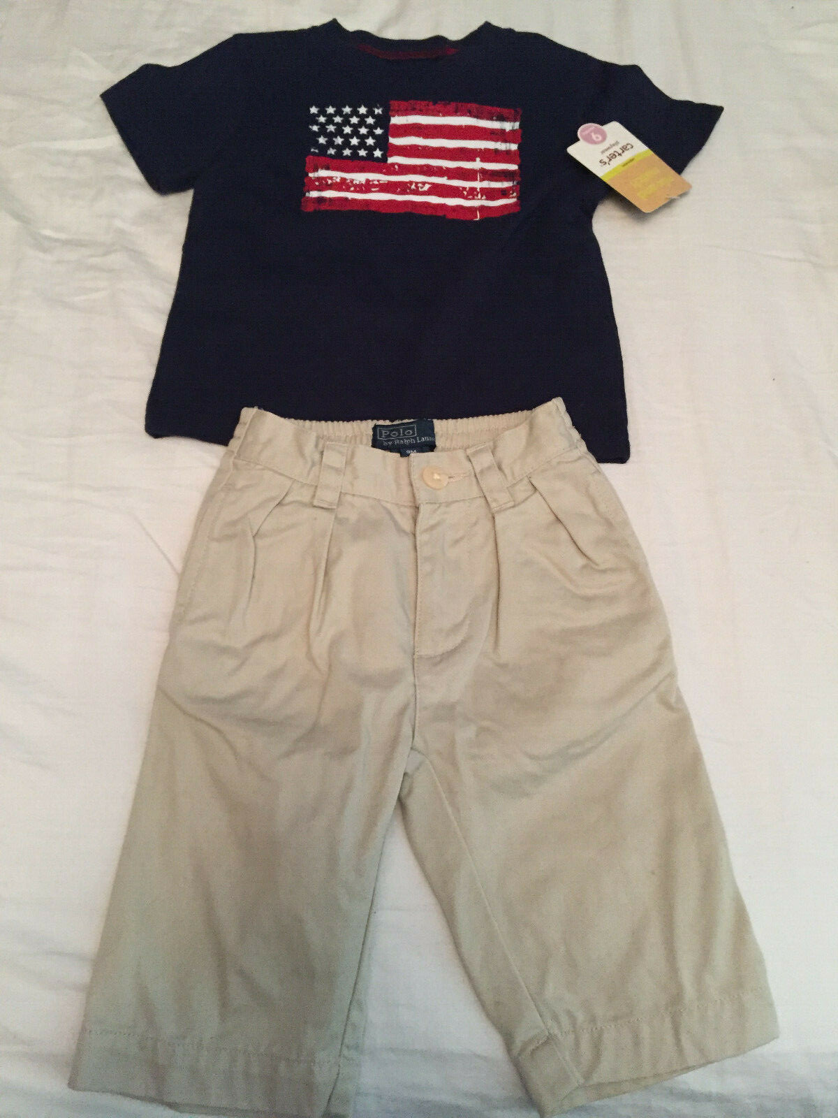 Ralph Lauren Khaki Pants 9 mos + Carter’s Blue USA Flag T-shirt — NEW