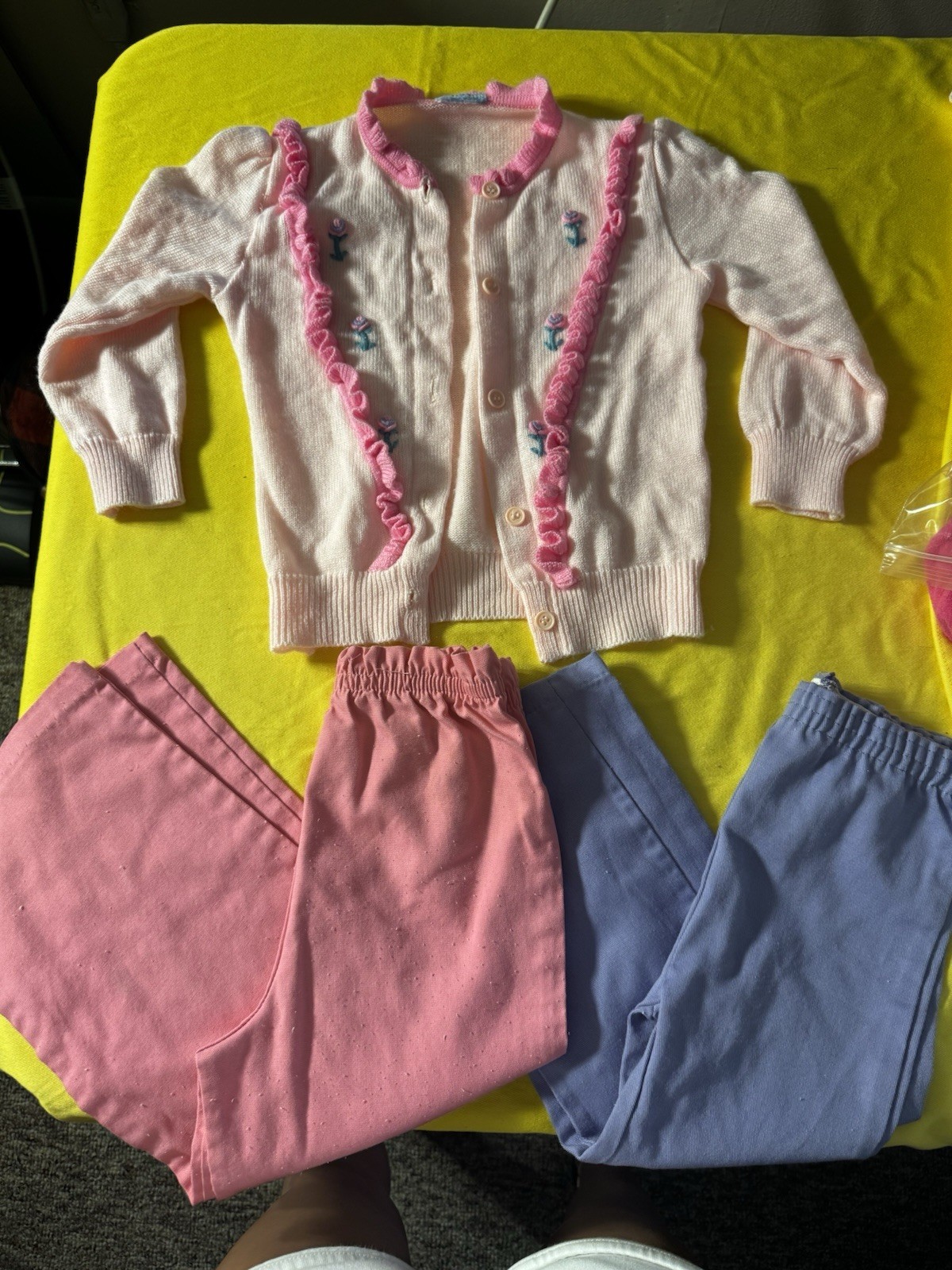 Vintage Girls 3T 3-Piece Pants Set Knit Sweater Pink Blue Cotton