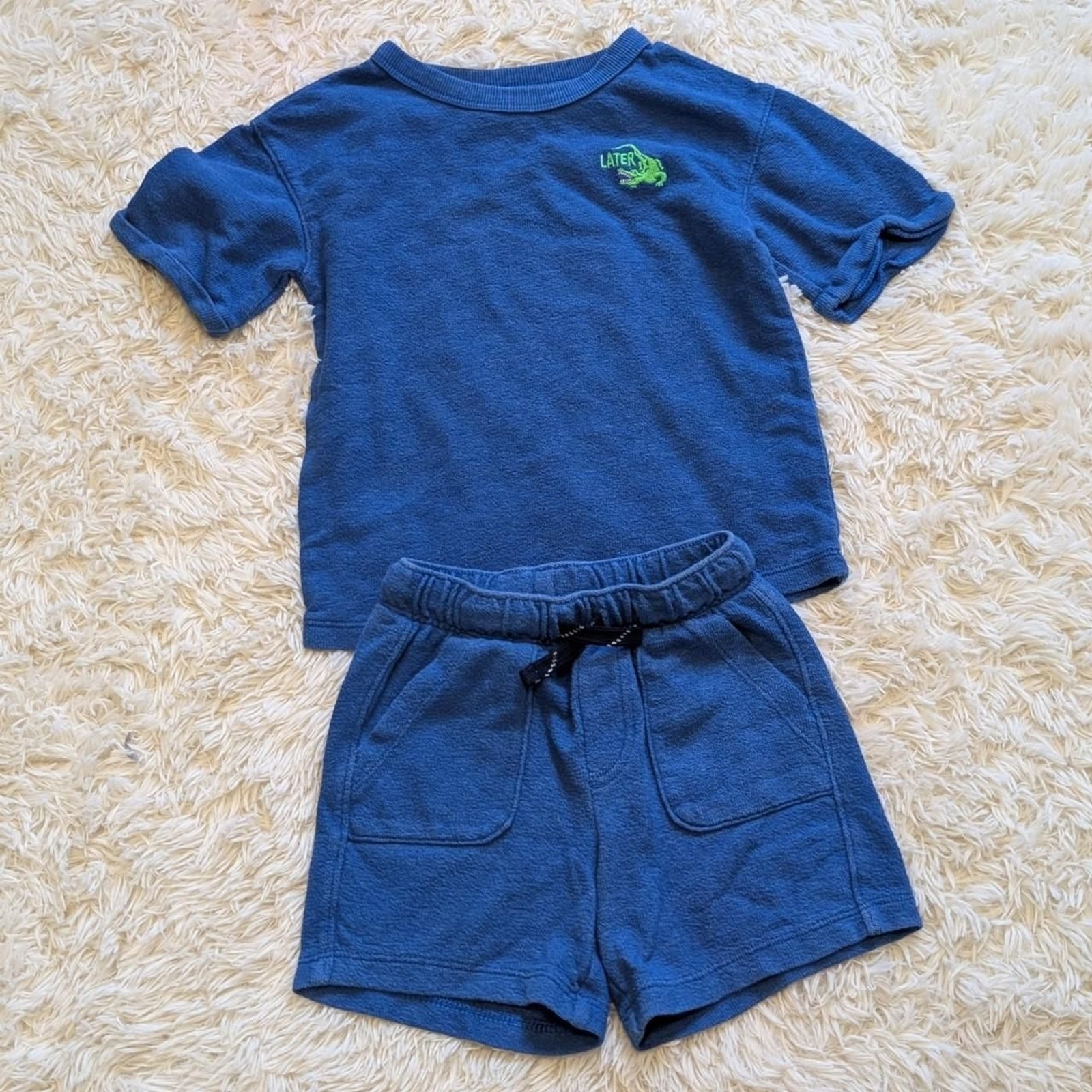 Cat & Jack Boys Size 3T Green Embroidered Later Gator Royal Blue Shorts Set