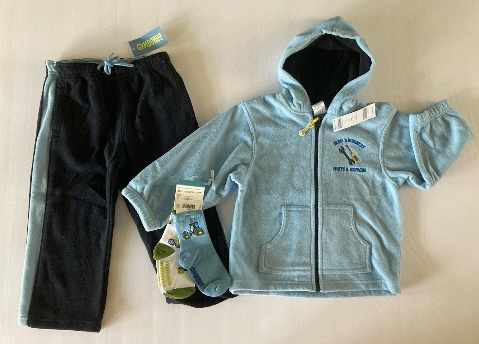 NWT Gymboree Tractor Company 3 3T Blue Fleece Farm Tools Hoodie Pants & Socks