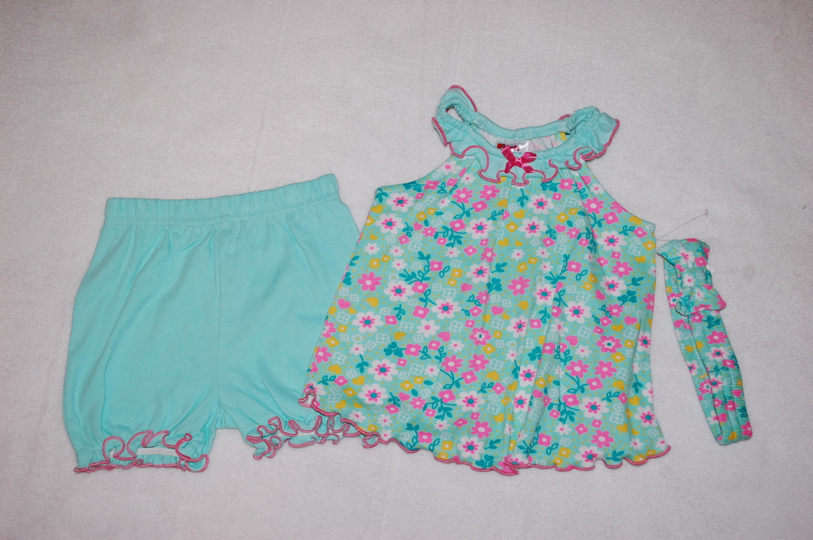 Baby Girls 3 PC OUTFIT Tank Shorts Headband MINT GREEN Pink White Flowers 0-3 MO