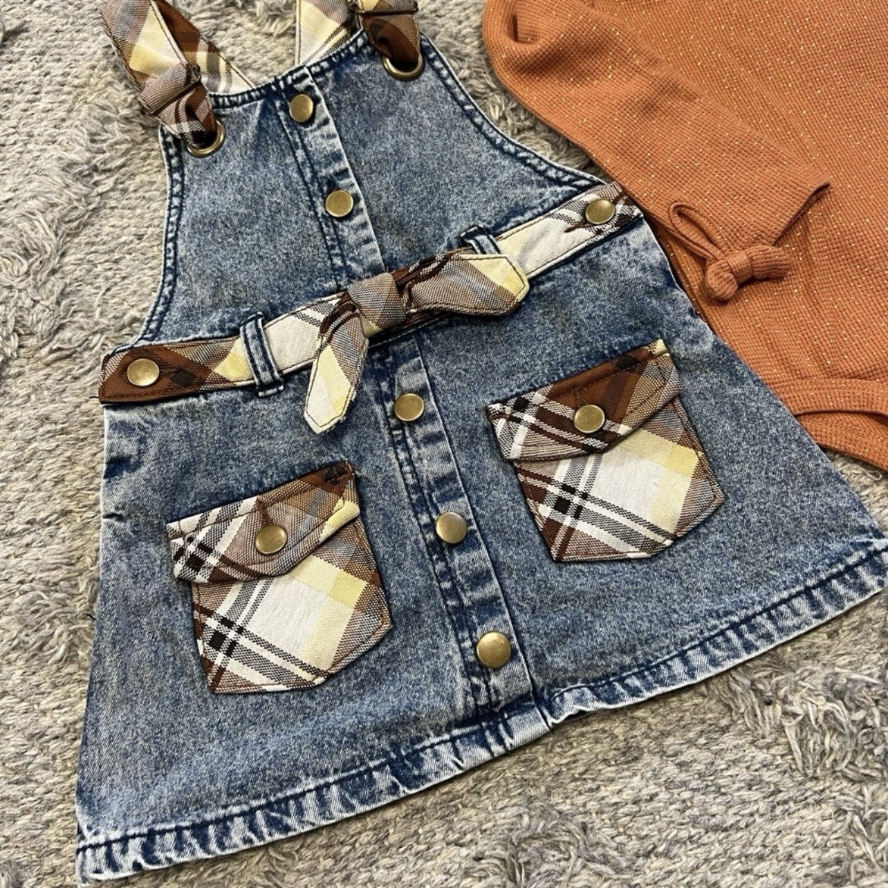 Little Lass 24M Toddler Girl Plaid Denim Pinafore Dress w/ Rust Sparkle Bodysuit