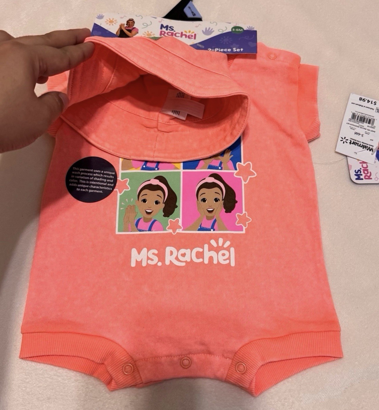 Ms. Rachel Baby Girls Graphic Romper and Bucket Hat Set, 2-Piece,3-6M