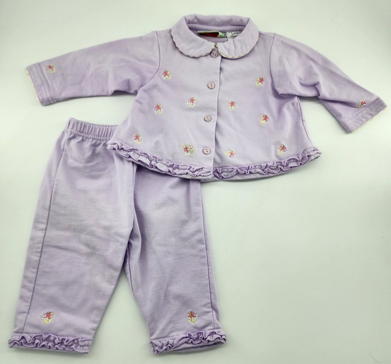 Vtg Piccolo Baby Girls 2 Pc Long Sleeve Button Up/Pants Purple Embroidered 3-6M