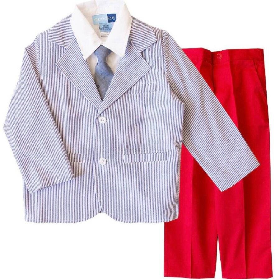 Good Lad Blue Seersucker Red Pants Boys 4 Piece Suit 2T 3T 4T