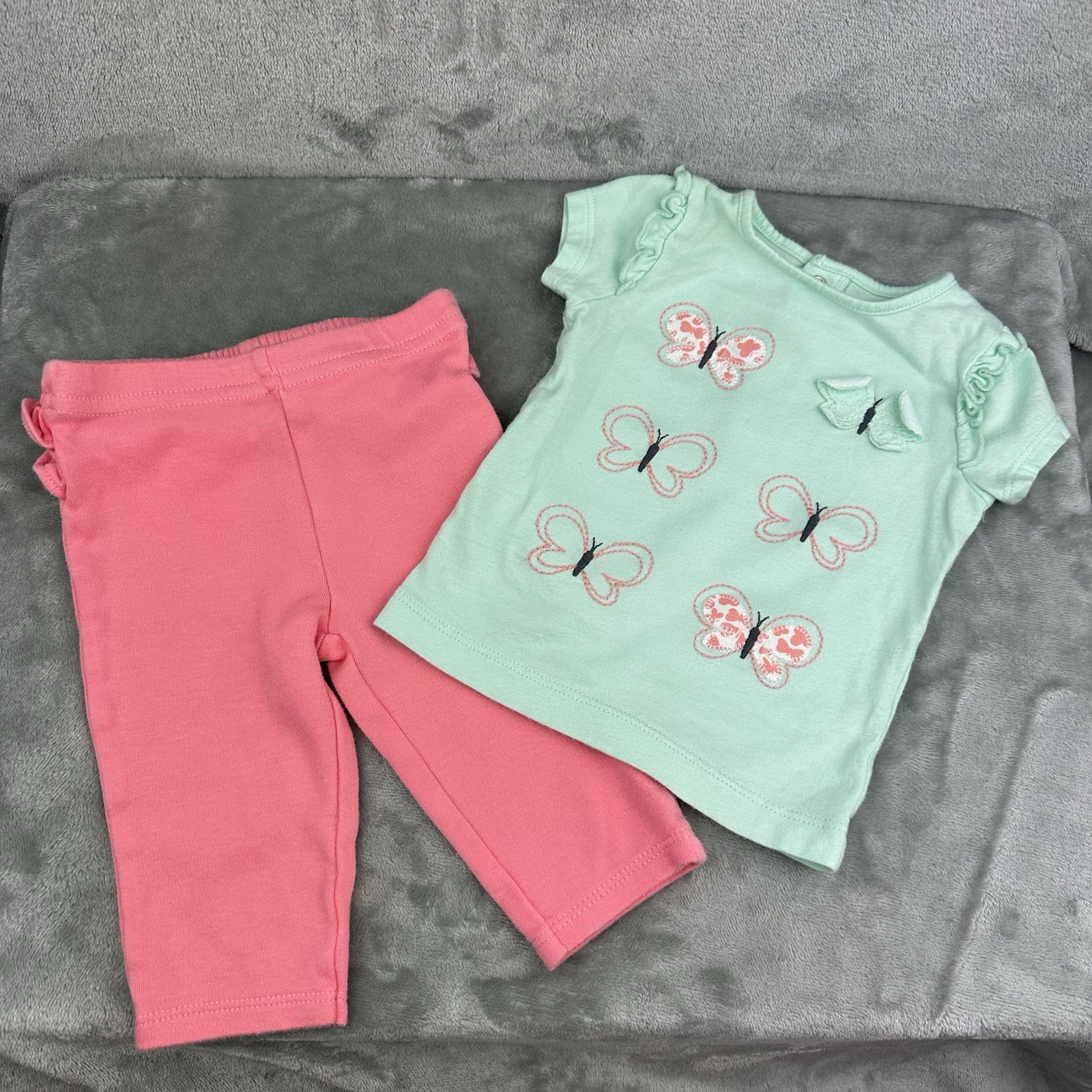 Mixed Brands Outfit Shirt Pants Girls 0-3 Months Pink Green Butterfly Ruffles