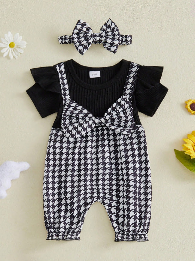 Newborn Baby Girl Outfit Long Sleeve Bee Print Jumpsuit+Bow knot Headband
