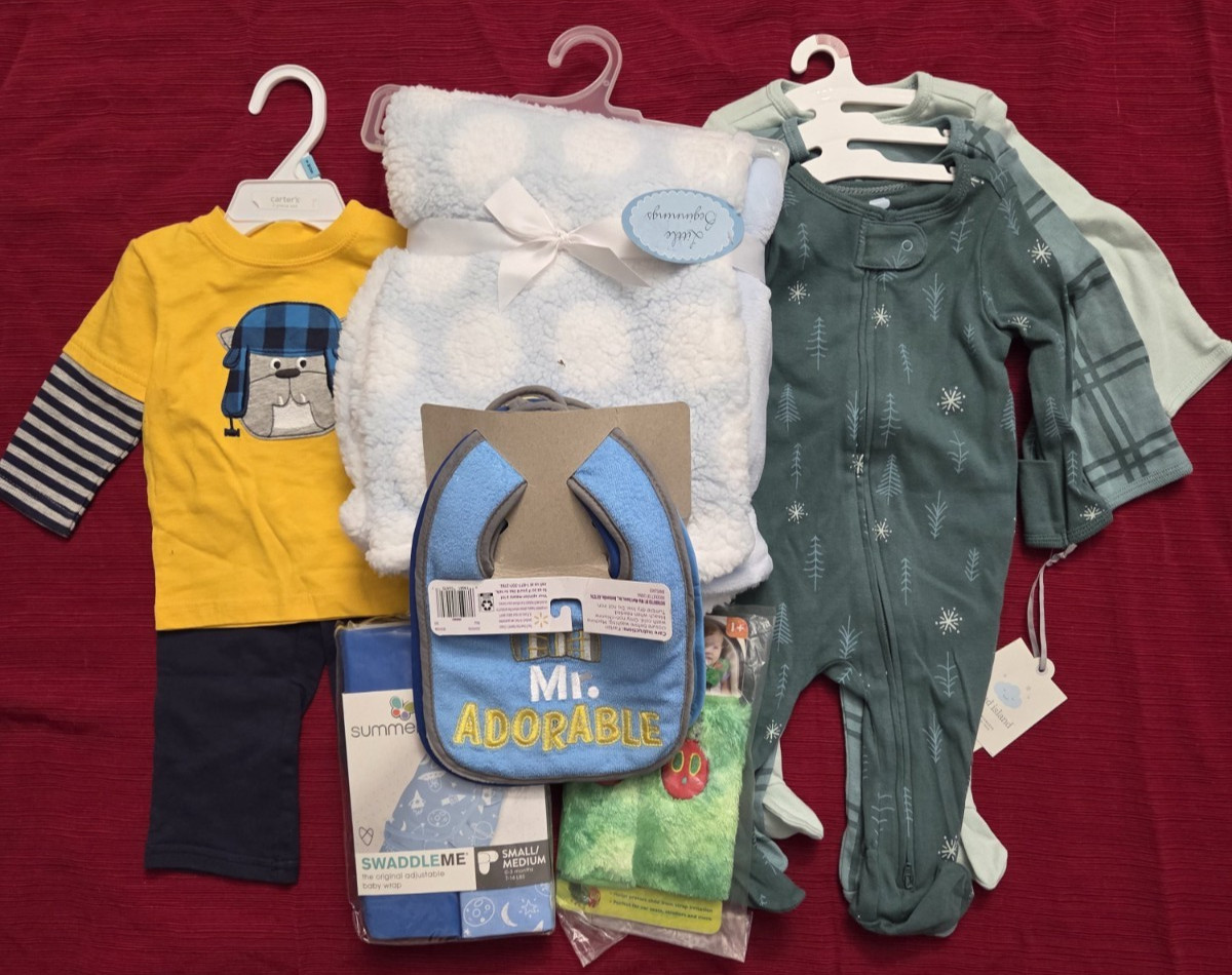 Assorted Lot Baby Boy Blanket Bips Bodysuits Pants Shirt Swaddle Seatbelt Cover