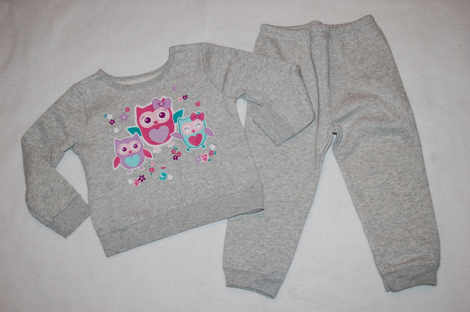 Baby Girls HEATHER GRAY Sweatshirt Sweat Pants CUTE LITTLE OWLS Bow Flower 24 MO