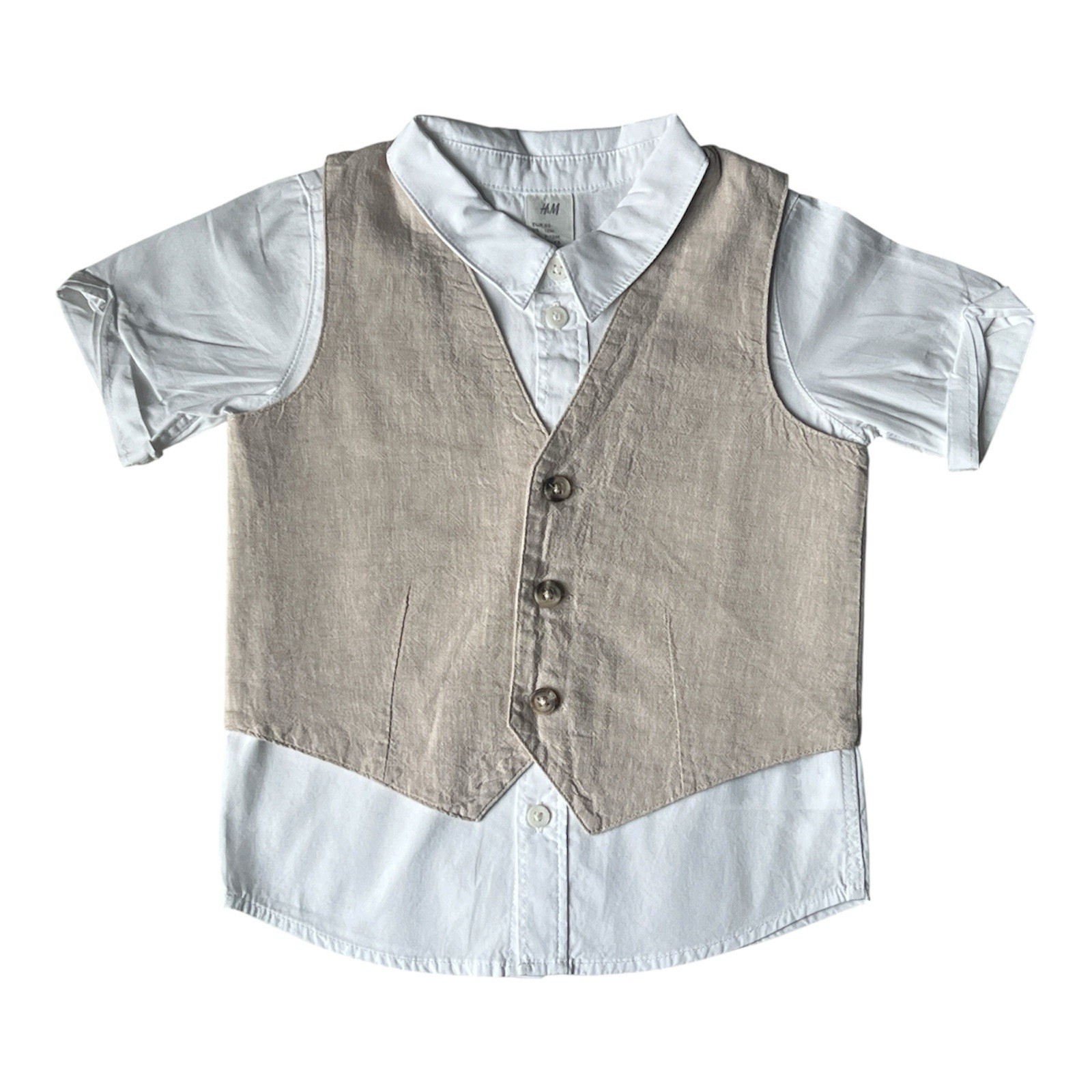 H&M Baby Boy 2pc Outfit Set White Shirt Beige Vest SZ 12M 100% Cotton Casual EUC