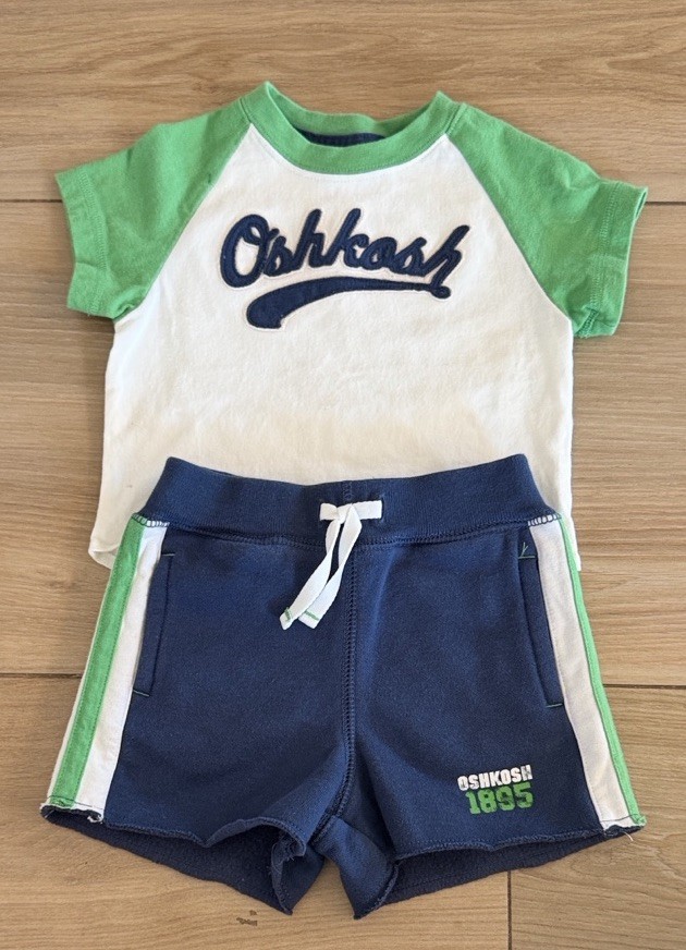 OshKosh Bgosh Boys 12M Raglan Tee and Fleece Shorts 2 Piece Set Blue Green White