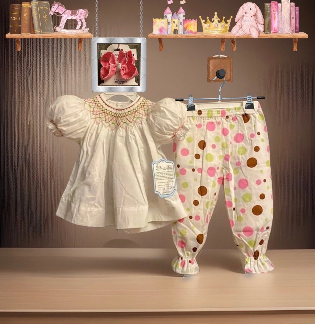 Girls NWT Remember Nguyen Smocked Pants Set & Dress Shirt Free Bow 12 Months