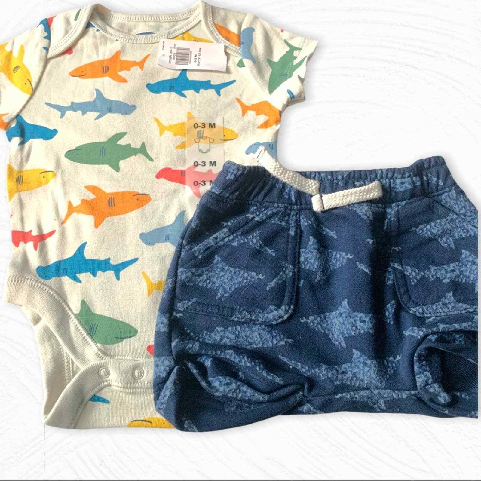 NWT Old Navy 0-3M 3-Piece Shark Bodysuit/Shorts & Navy Blue Overall Set Spring