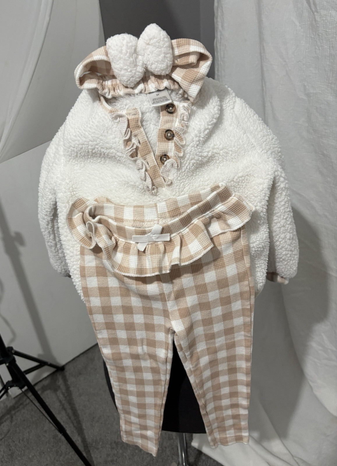 Nicole Miller 3T Plaid Sherpa Sweater Pants Headband Set Beige White Outfit