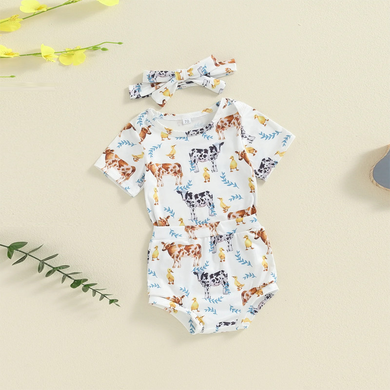 3PCS Newborn Infant Girls Outfit Short Sleeve Romper Bodysuit+Shorts +Headband