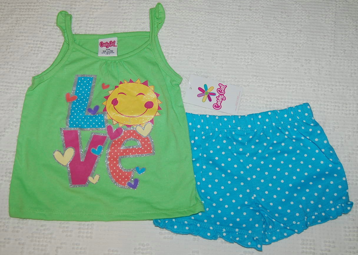 Toddler Baby Girls Outfit GREEN TANK TOP Love AQUA SHORTS Dots 12 18 24 MO