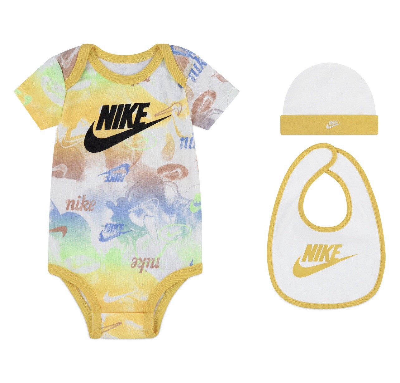 Nike Baby Gift Set 3 Piece Bodysuit Bib Beanie 0-6 Months Yellow Tie Dye Easter