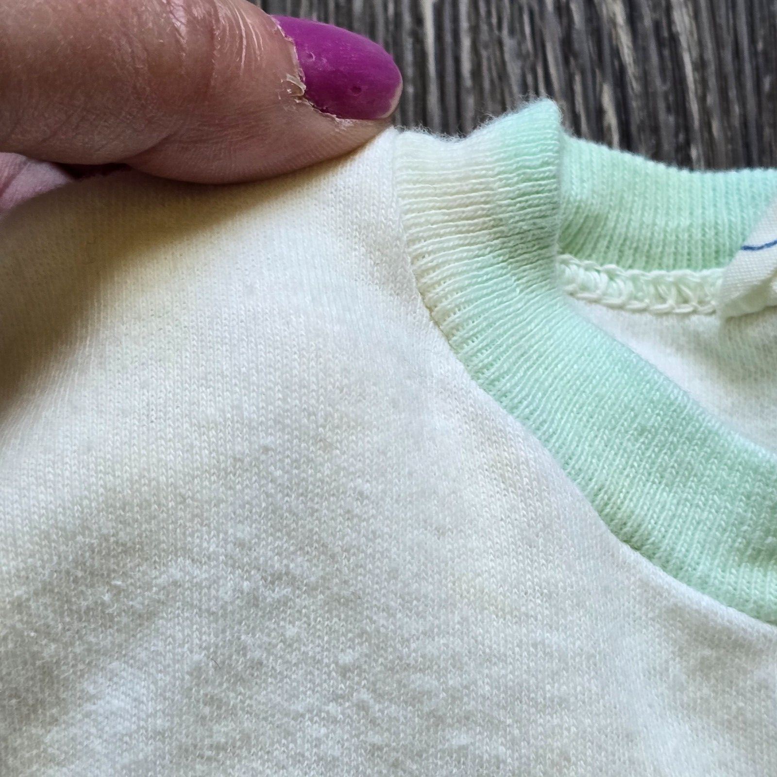 Vintage Baby Outfit Romper Small Beige Green Shirt Rubber Pants Embroidered Lamb