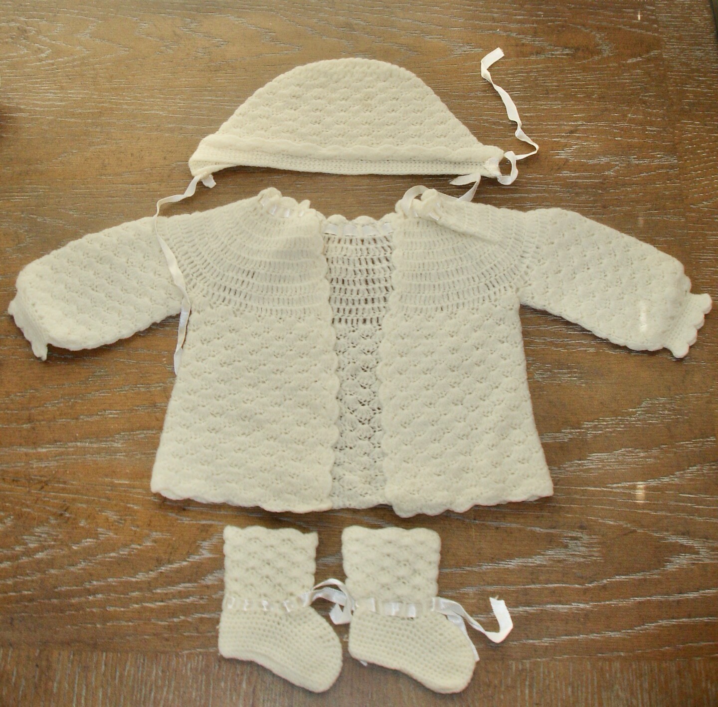 Vintage Hand Knit Baby Sweater, Hat, Booties, Ivory, Doll Clothes
