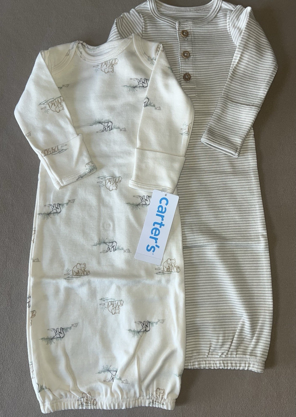 TWO Carter’s Unisex Preemie 100% Cotton Long-Sleeve Layette Gowns, New with Tags