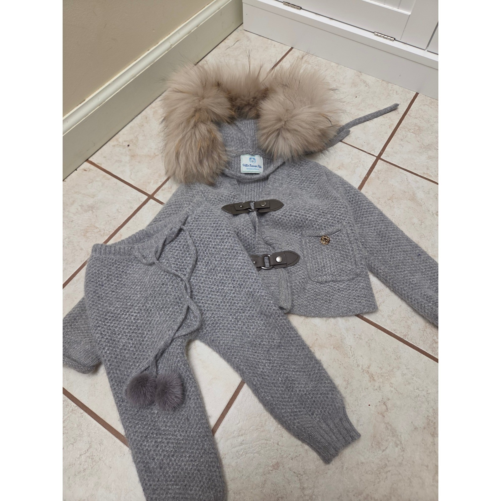 Petit Maison Kids 12M Mink Cashmere Set Gray Fur Hood Toggle Cardigan Joggers