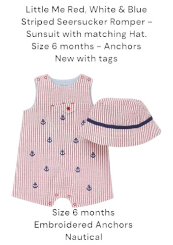 Boys Little Me 2Piece Set Sunsuit, Red Striped Seersucker, 6M, Anchors +Hat, NWT