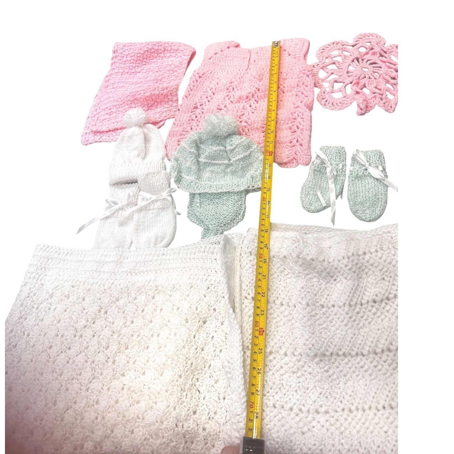 Handmade 11pc Vintage Crochet Knit Baby Layette Blankets Dress Hats Handmade