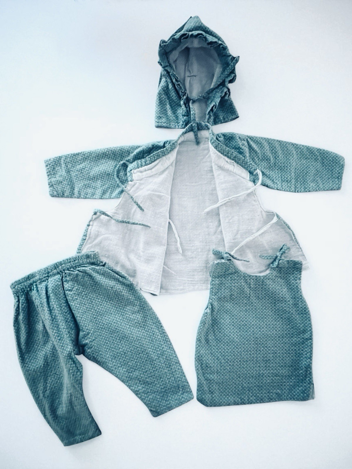 Handsewn 4pc Infant Outfit 6-12m Green/purple Flannel Muslin Lined Amish Baby